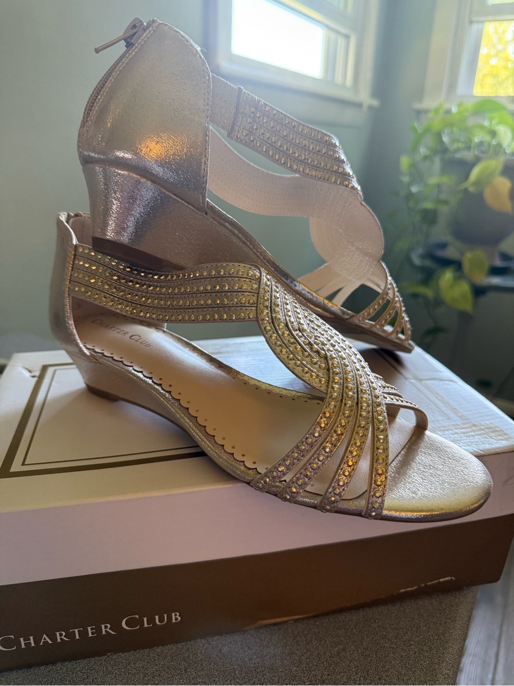 Charter Club Gold and silver Metallic Rhinestone Low Wedge Sandals